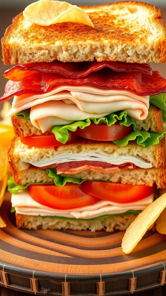 A classic club sandwich layered with turkey, bacon, lettuce, and tomato on toasted bread served with potato chips.